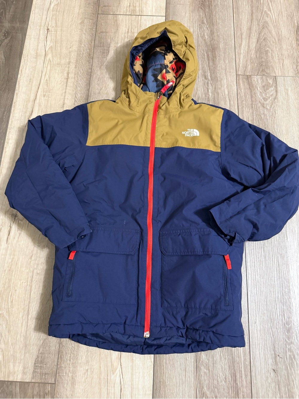 The North Face Navy & Olive Hooded Kids Puffer Jacket with Red Zip